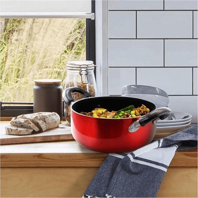 Nonstick Cookware Set 7 PiecesGranite Metallic-Red Exterior Dishwasher Safe Includes Sauce Pots Dutch Oven Fry Pan Metallic Red