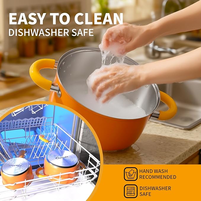 Pots and Pans Set Stainless Steel Orange Cookware Set of 6 4 3 QT Steamer Pot Frying Pan Compatible with All Stovetops Gift for Kitchen Decor