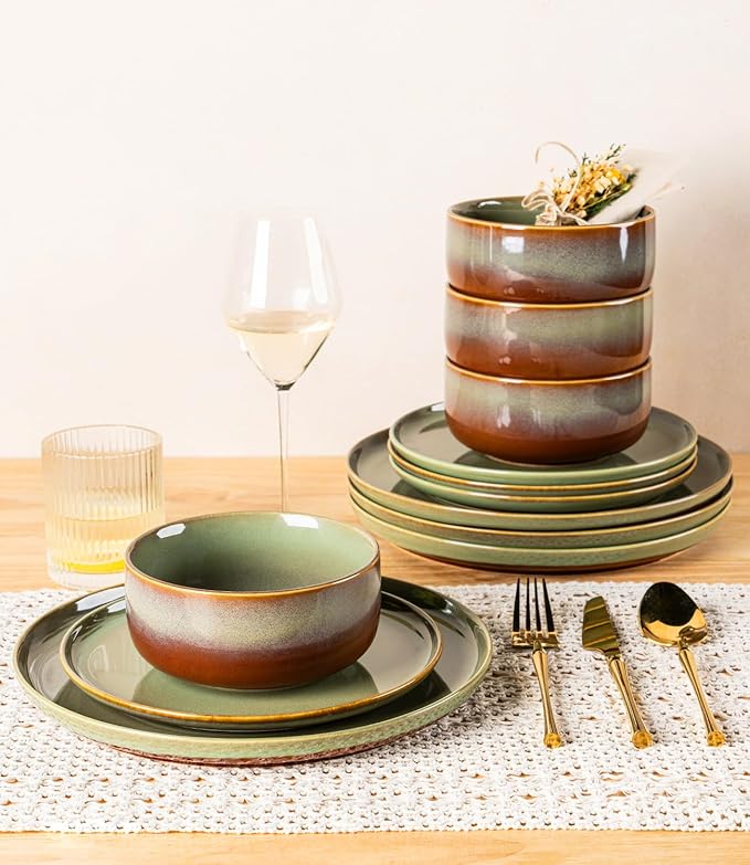 TheTerra Ceramic Dinnerware Sets for 6 18 Pieces Handmade Reactive Glaze Plates and Bowls Set Scratch Resistant Dish Set Oven &amp Microwave &amp Dishwasher Safe Sage Umber