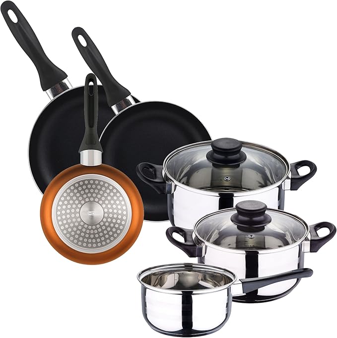 Cookware Set 5 Pieces Stainless Steel + 3-Piece Pan Set Diameter 16 x 20 x 24 cm Pressed Aluminium Metallic Bronze