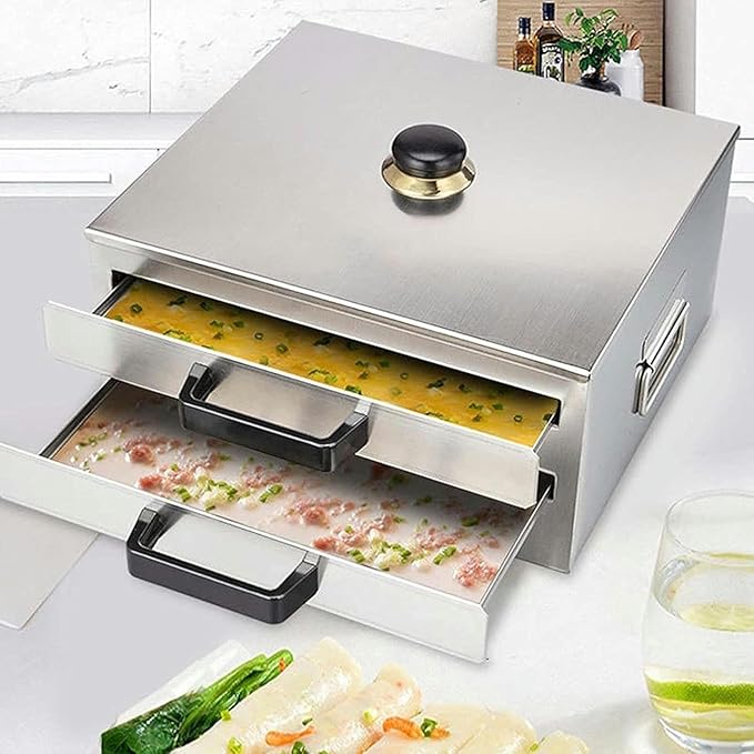 2-Layer Rice Noodle Rolls MachineOpenable Top Lid Rice Noodle Roll Food SteamerFood Grade Stainless Steel Changfen Machine Cantonese Cuisine Roll CookerHousehold Ro