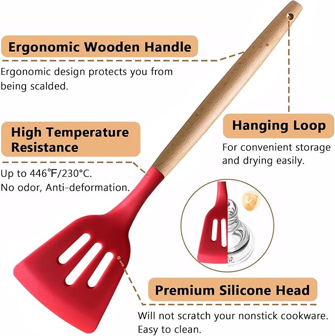 Silicone Cooking Utensils Set 5Pcs Non-Stick Silicone Kitchen Utensils for Cooking Heat Resistant Kitchen Gadgets Spatula Spoon Turner Set with Wooden Handles for Non-Stick Cookware BPA Free