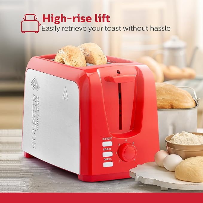 Holstein Housewares 2-Slice Toaster with 7 Browning Settings Extra-Wide Slots Reheat Defrost Cancel High-Lift Release Removable Crumb Tray – Compact Stainless Steel Red