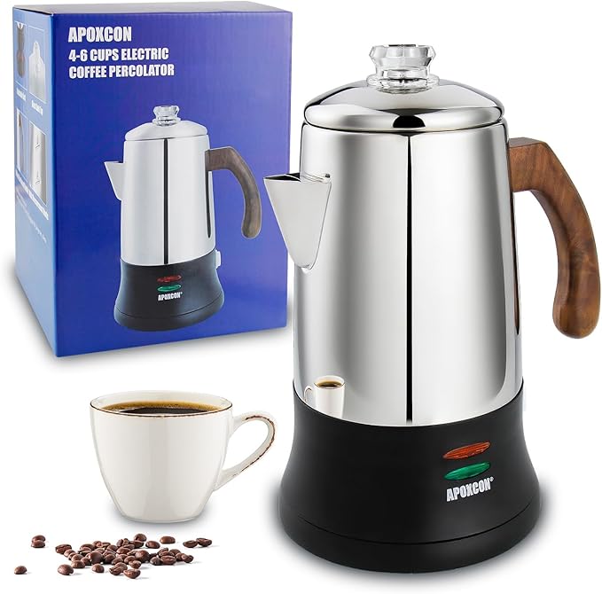 Electric Coffee Percolator Stainless Steel Coffee Maker with Tough Glass Clear Brew Progress Knob &amp On/OFF Switch Keep Warm Cordless Serve for Home and Hotel Room Use Gift Box Packaging 6 Cup