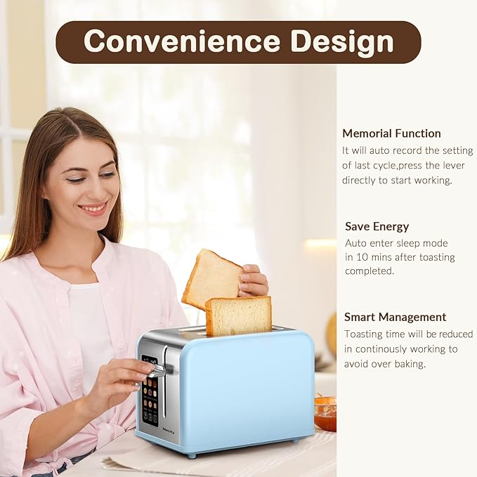 Mecity 2 Slice Touch Screen Toaster 1.5 Wide Slot Stainless Steel Smart Toaster for Bagels Muffins Waffles Gluten-Free Breads Defrost Reheat Timer 120V 825W Ice Blue