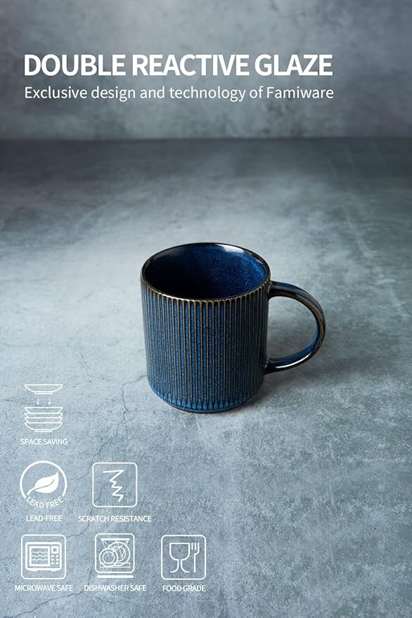 Famiware Dinnerware Set for 4 (12 Piece) and 12oz Mug Set (6 Piece) and 3oz Espresso Cups and Saucers Set- Star Stoneware Dishes - Nebulas Blue
