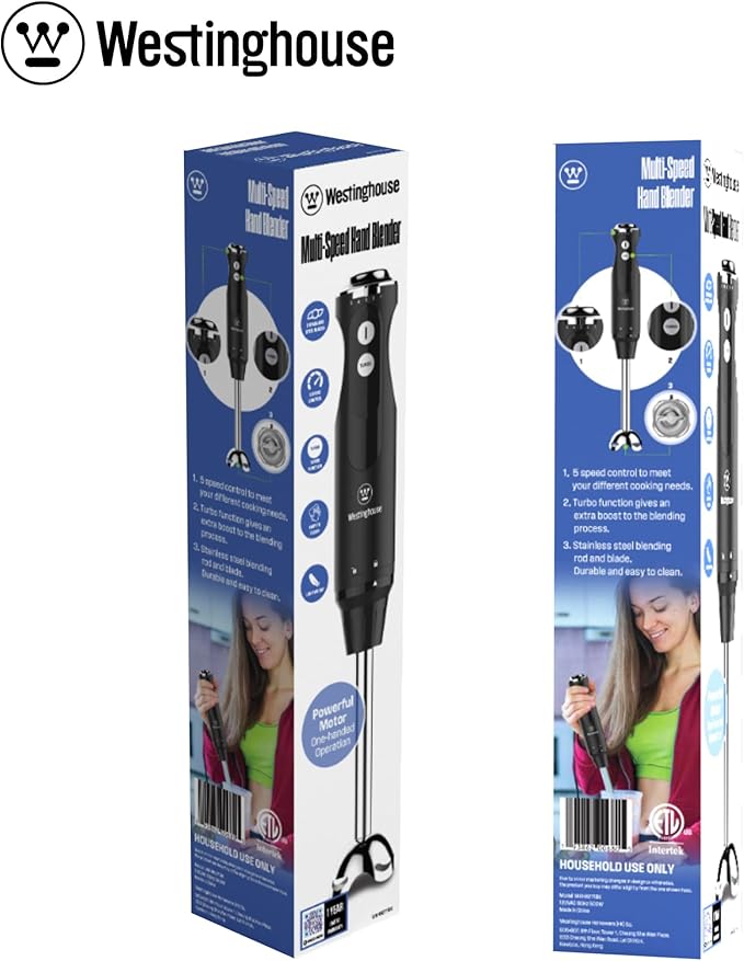 Westinghouse Hand Blender - 5-Speed Blender with Turbo Function Stainless Steel Rod &amp Blade Easy Clean Design for Smoothies Soups &amp Sauces - Everyday Series Appliance Black