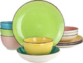 12 Piece Double Bowl Stoneware Dinnerware Set Multi Color Solid Modern Contemporary Round Porcelain Dishwasher Safe