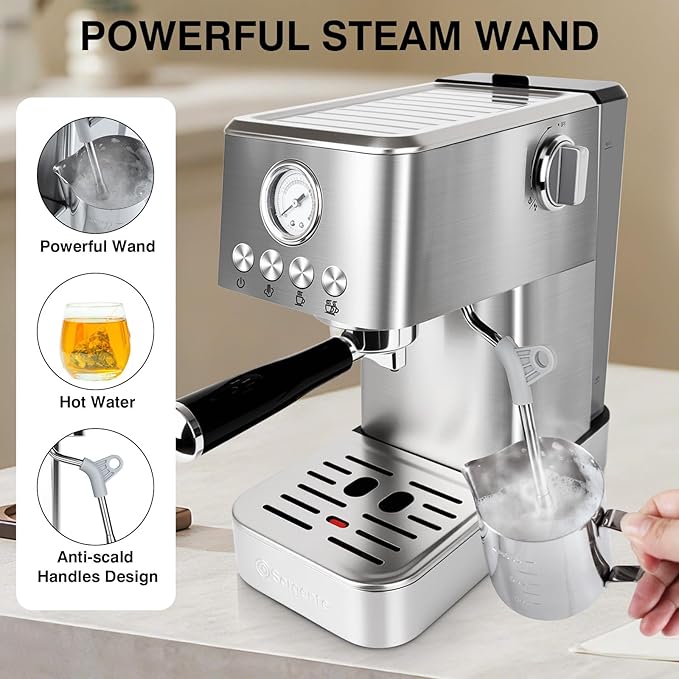 Sorgente 20 Bar Espresso Machine Stainless Steel Coffee Maker with Milk Frother 1350W Fast-Heating for Home Cappuccino &amp Latte Visible Pressure Gauge Silver