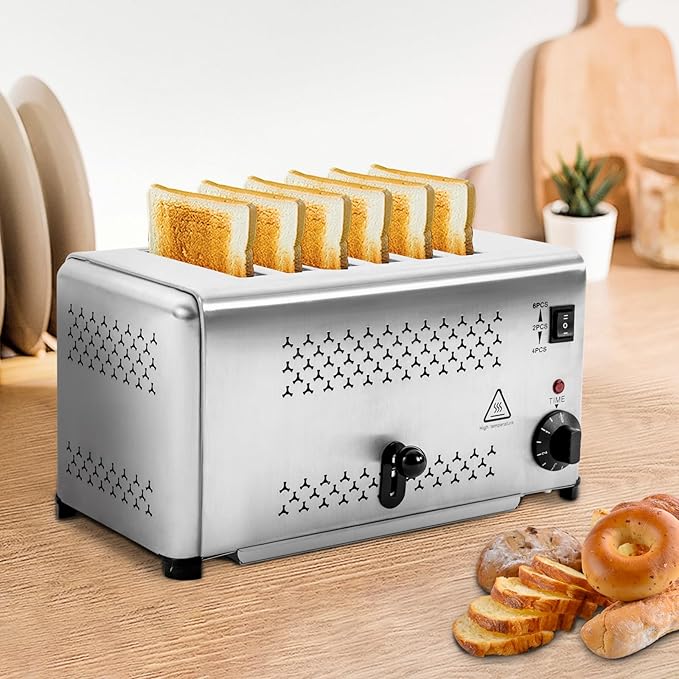 Commercial 6-Slice Toaster 1650W Stainless Steel Bread Baking Machine Electric Toaster Machine 3 Modes(2 4 6 Slices) 1-5mins Timing w/Pull-out Crumb Collection Tray for Home Bakery