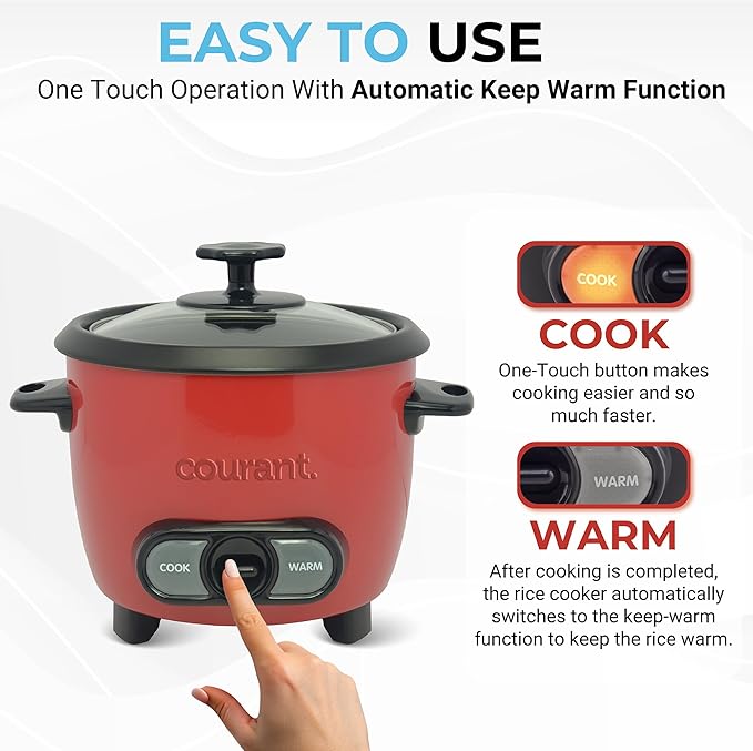 Courant Rice Cooker 6-Cup (Cooked) Removable Non-Stick Bowl One Touch Rice Cooker Red
