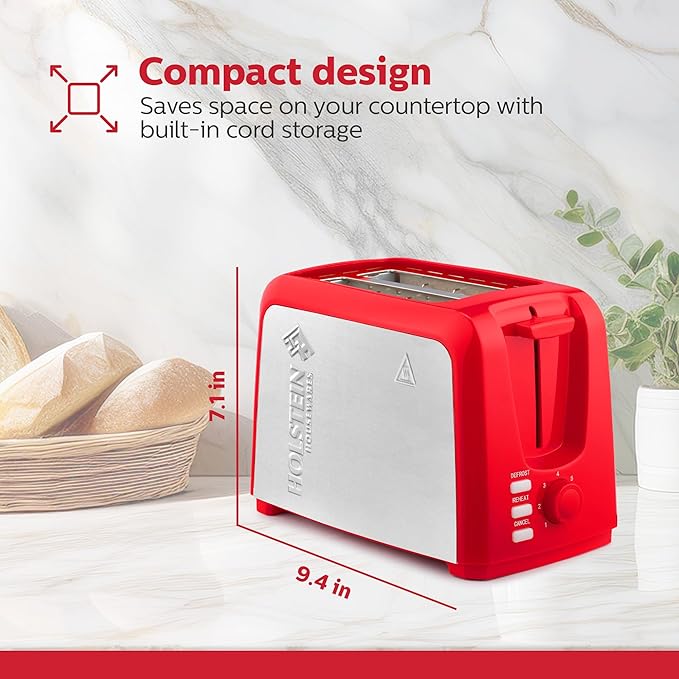 Holstein Housewares 2-Slice Toaster with 7 Browning Settings Extra-Wide Slots Reheat Defrost Cancel High-Lift Release Removable Crumb Tray – Compact Stainless Steel Red