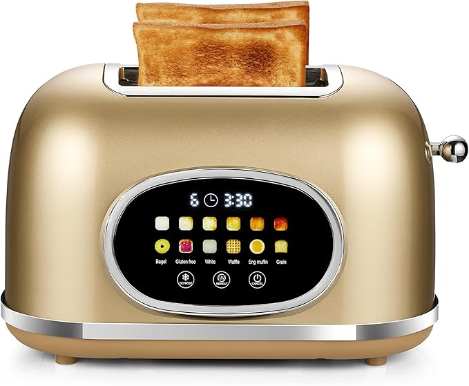 Roter Mond 2 Slice Toaster Smart Touch Screen Retro Stainless Steel Bread Toaster with Digital Timer Sleep Mode Bagel Cancel and Defrost Functions 6 Bread Types and Shade Settings Gold