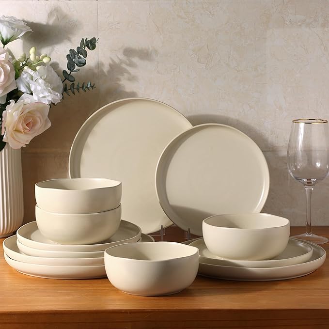AmorArc Ceramic Dinnerware Sets Wavy Rim Stoneware Plates and Bowls SetsDishwasher &amp Microwave &amp Oven Safe Dishes set Service for 4 (12pc)