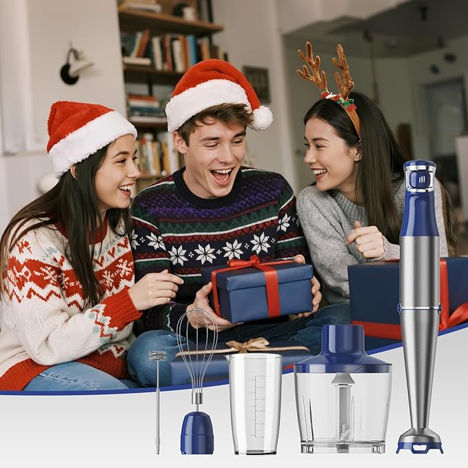 Immersion Blender Handheld Corded Hand Blenders Set 1100W Trigger Variable Speed 5 in 1 Stick Emulsifier with Chopper Whisk and Frother for Soup Baby Food and Smoothies Navy Blue