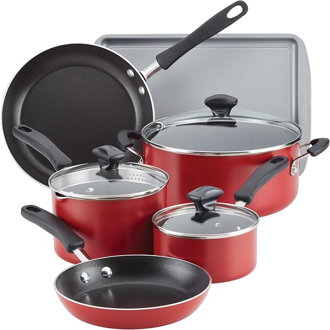 Farberware Cookstart DiamondMax Nonstick Cookware/Pots and Pans Set Dishwasher Safe Includes Baking Pan and Cooking Tools 15 Piece - Red