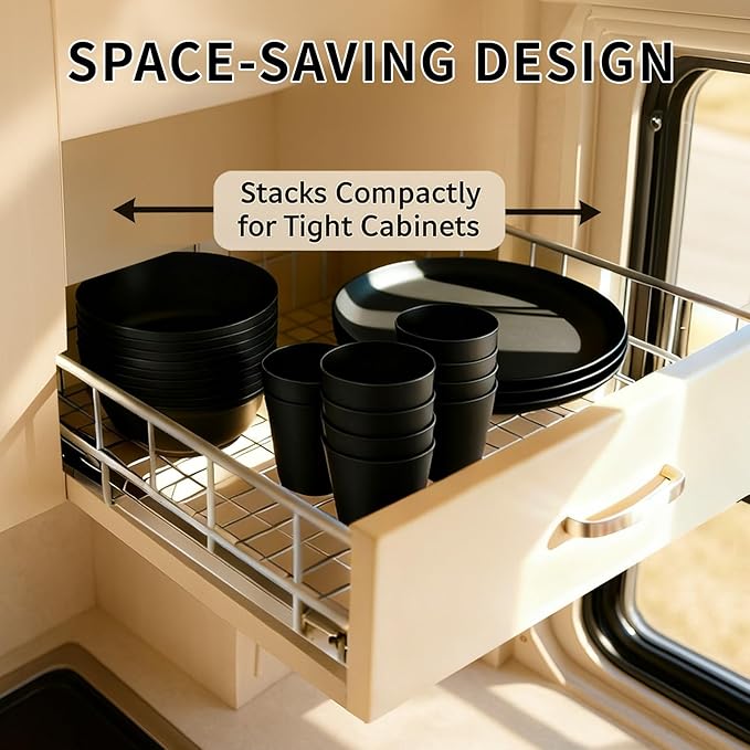 40 Piece RV &amp Camping Dinnerware Set Elegant Ceramic-Look Large Bowls &amp Plates Unbreakable &amp 100% Microwave Safe Melamine Alternative Service for 8 Gray