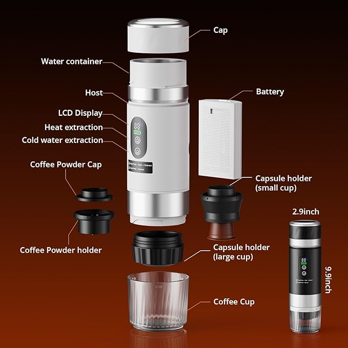 Portable Espresso Maker Travel Coffee Maker for camping Portable Espresso Machine with USB-C 3-in-1 Small Espresso Machine with Ground Coffee &amp Capsules (NS＆DG) for RV (White (Two Batteries))