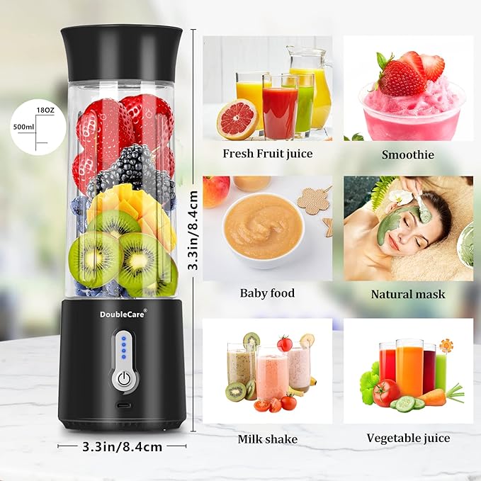 Portable Blender for Shakes and Smoothies500ml Electric Juicer 4000mAh Smoothie Blender with BPA-Free Material USB Rechargeable Fresh Juice Blender for Travel Gym Outdoors and Home Black