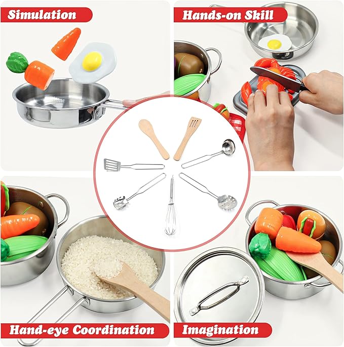 Kids Pretend Play Kitchen Toys Accessories Set 32 Items Stainless Steel Toy Pots and Pans Sets w/ Rack Organizer Metal Cooking Utensils &amp Apron Play Food w/ Basket for Kids Girls Boys Toddlers