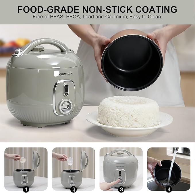 Durable Rice Cooker Small 4-Cup (Uncooked)/8-Cup (Cooked) for 1-3 People 2 Quart Non-stick Mini Rice Cooker Steamer Grain Cooker Soup Maker Oatmeal Cooker Making rice balls Auto Keep Warm(Sage