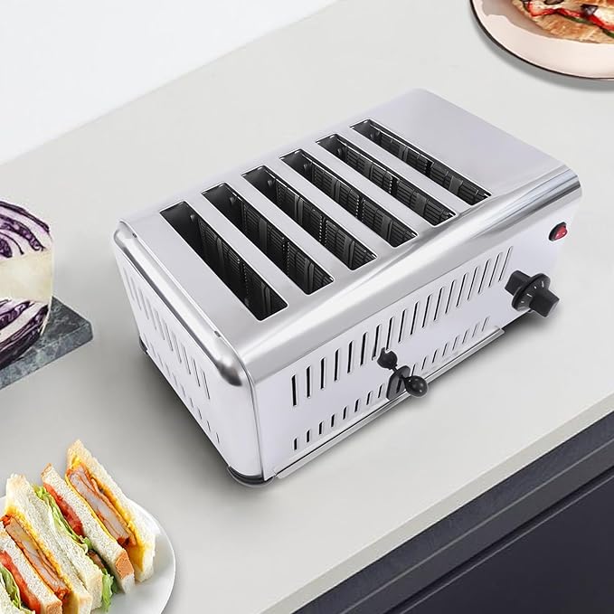 1680W 6 Slice Toaster Commercial Cool Touch Toaster Stainless Steel Electric Bread Baking Machine with Timing Function &amp Drawer-type Crumb Tray for Home Restaurant Bakery Silver
