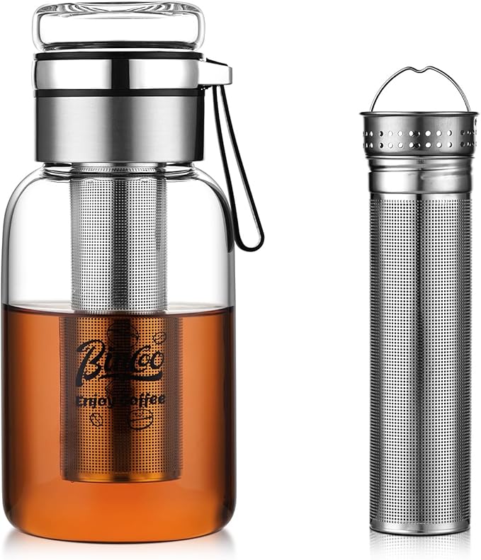 Bincoo Glass Cold Brew Coffee Maker with Extended Fine Mesh Filter Tea Infuser Bottle Iced Coffee Maker with Thick Borosilicate Glass (750ml/24oz)