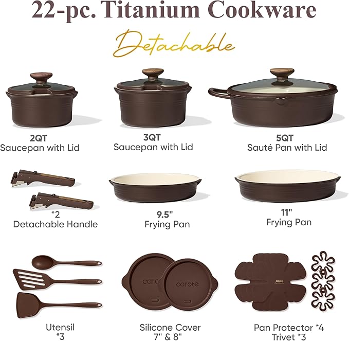 CAROTE 22Pcs Titanium Cookware Set Pots and Pans Set Non Stick Kitchen Cooking Set with Detachable Handle Non Toxic Induction Cookware Dishwasher/Oven Safe Browm