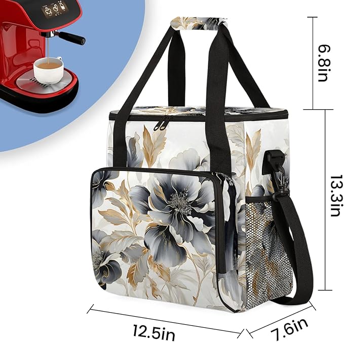 Gray Gold Marble Floral Coffee Maker Carring Bag Large Insulated Storage Organizer Case Tote Bags with Shoulder Strap for Travel Work Picnic