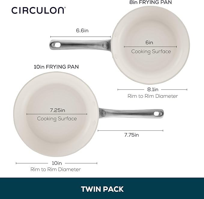 Circulon Halo with LaserDefense Ceramic Nonstick 2-Piece Skillet Set/Frying Pans Made without PFAS Compatible with All Stovetops Dishwasher and Oven Safe 8 Inch and 10 Inch Fry Pans - Pearl White