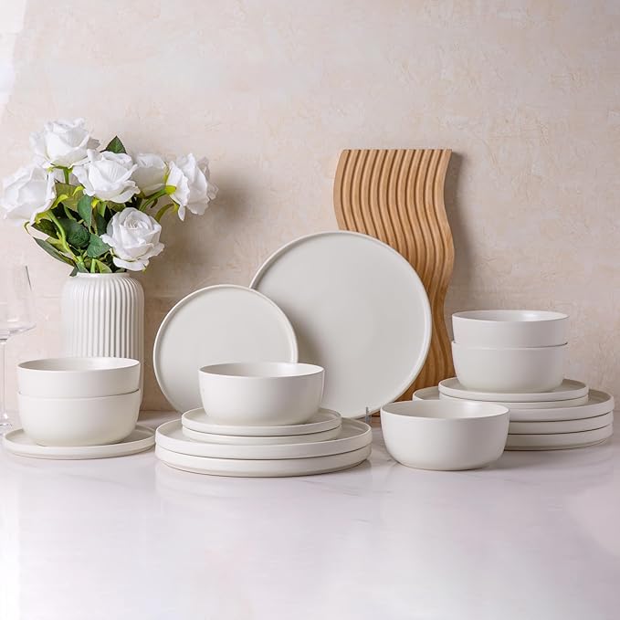 AmorArc Stoneware Dinnerware Sets for 6Reactive Ceramic Plates and Bowls SetHighly Chip and Crack Resistant | Dishwasher &amp Microwave Safe | Round Dishes Set Service for 6 (18pc)Matte White