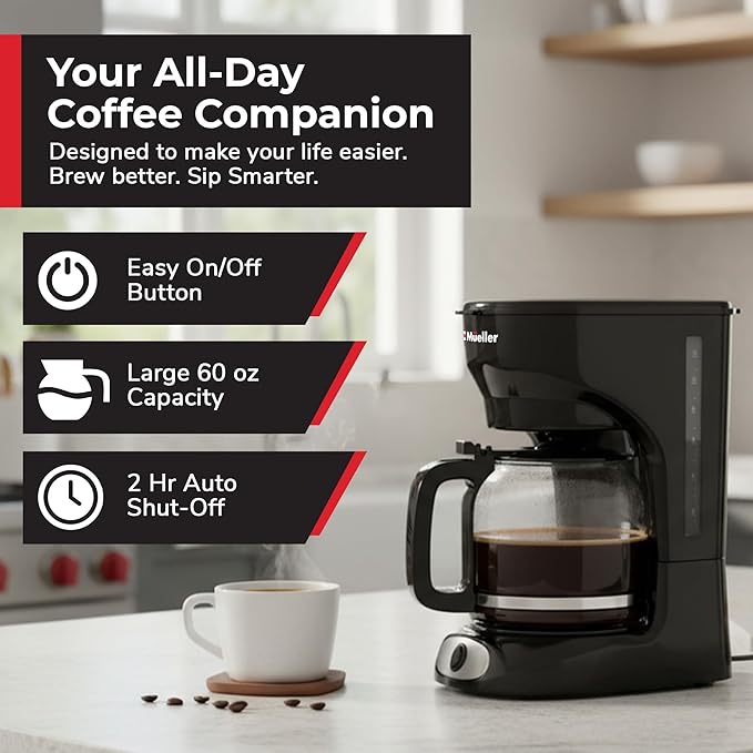 Mueller 12-Cup Drip Coffee Maker - Borosilicate Carafe Auto-Off Reusable Filter Anti-Drip Keep-Warm Function Clear Water Level Window Coffee Machine Kitchen Essentials &amp Accessories