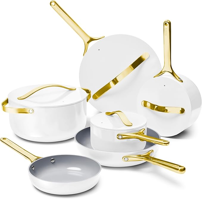 Caraway Deluxe Non-stick Ceramic Cookware Set (16 Piece) Pots Frying Pans Lids and Kitchen Storage - PFAS &amp PFOA Free - Oven Safe Pan Set &amp Compatible with All Stovetops - White