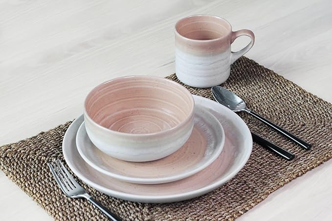 16 Piece Stoneware Dinnerware Set Mist Color Marble Dinner Set Dinner Plates Family Round Tableware