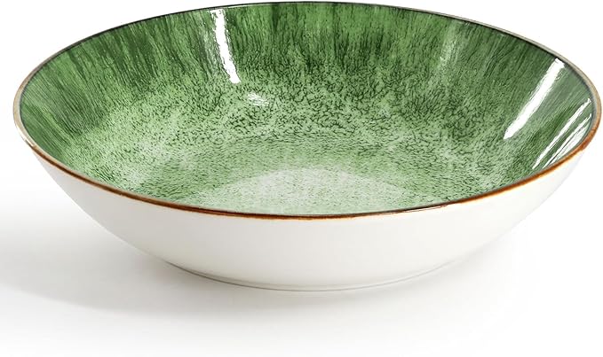 16‑Piece Porcelain Dinnerware Set in Green Double Bowl Design with Dinner Plates Salad Plates and Bowls Dishwasher &amp Microwave Safe (Green)