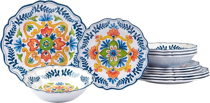 Flores Melamine 12 Pc Dinnerware Set Service for 4 – Unbreakable Outdoor Plates and Bowls Vibrant Floral Design Great for Entertaining Patio Dining Gifting and Everyday Use