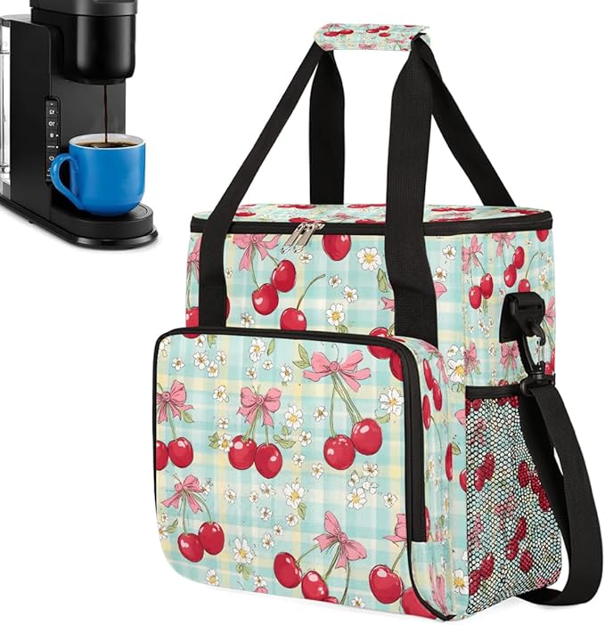 Cherries White Flowers Coffee Maker Carrying Bag Coffee Machine Travel Storage Bag Compatible with K-Mini or K-Mini Plus Portable Single Serve Coffees Brewer Case with Pockets for K-Cup Pods