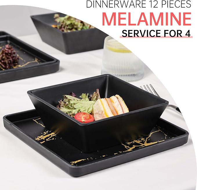 Melamine Dinnerware Sets - 12pcs Square Plates and Bowls Sets For 4 Indoor Outdoor Use Dishwasher Safe Black &amp Gold