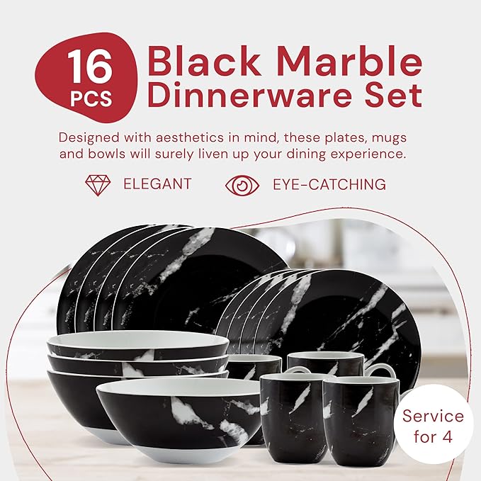 Safdie &amp Co. - Black Marble 16-Piece Dinnerware Set Porcelain Modern Dishwasher Safe
