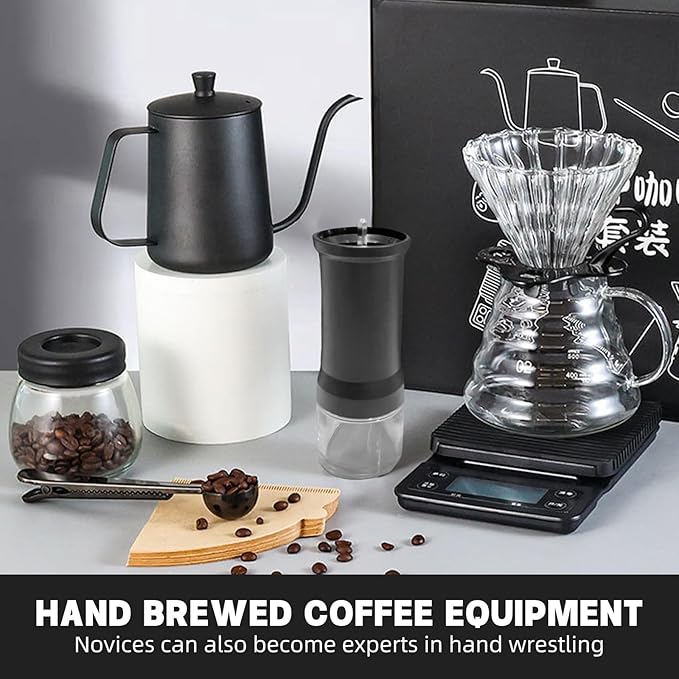 Pour Over Coffee Maker Set Manual Grinder Gooseneck Kettle with Thermometer Dripper Glass Carafe Filters Brush &amp Scoop Complete Hand Brew Coffee Gifts Kit for Coffee Lovers
