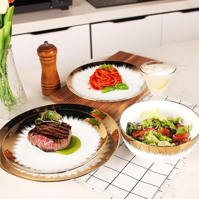 Dinnerware Sets(12Pcs) Serves for 4 Modern Dinnerware Gilded Edge Plates and Bowls Set with 8.3Small Plate 10.2dinner Plate 6.1Soup bowl apply Indoor Outdoor (Gilded set)