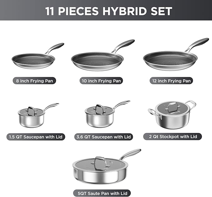COOKER KING Stainless Steel Cookware Set 11 Pcs Pots and Pans Set Hybrid Ceramic CookwareNon-Stick Frying Pans Saucepans Saute Pan &amp Stock Pot Non-Toxic Oven Safe Induction Compatible