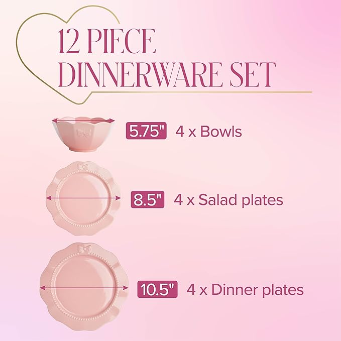 Paris Hilton 12-Piece Dinnerware Set Embossed Bow Design Iconic Ceramic Stoneware Service for 4 with Dinner Plates Salad Plates and Bowls Microwave &amp Dishwasher Safe Pink