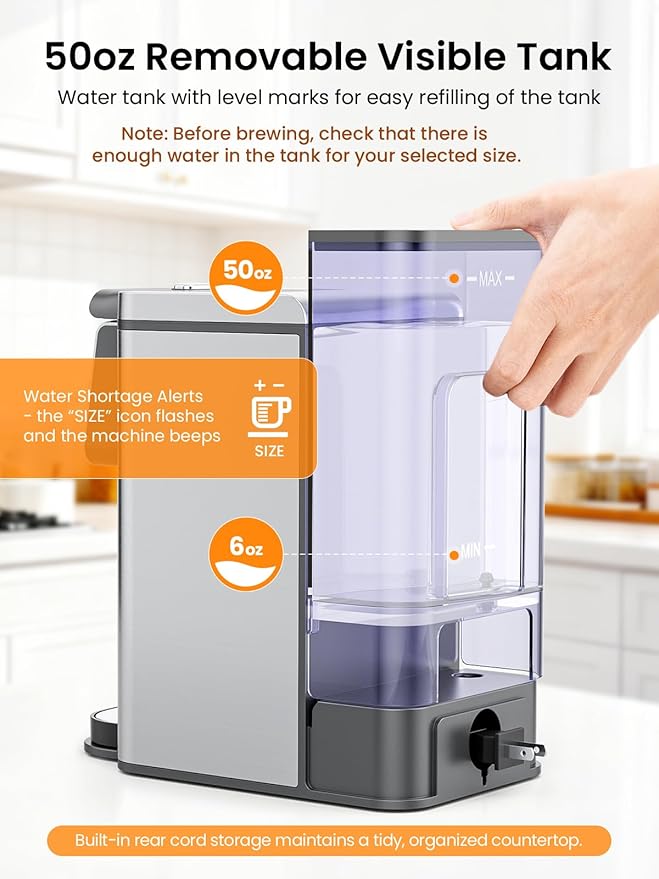 K Cup Coffee Maker Hot &amp Iced Coffee Maker for K Cup and Grounds 6-14 Oz Brew Sizes 50oz Removable Tank Single Cup Coffee Maker with Descaling Reminder Stainless Steel Black