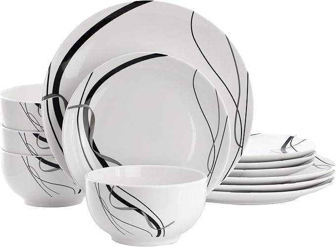 Elama Sarah 12 Piece Porcelain Black Ribbon Dinnerware Set Service for 4 in White and Black