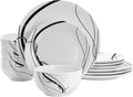 Elama Sarah 12 Piece Porcelain Black Ribbon Dinnerware Set Service for 4 in White and Black
