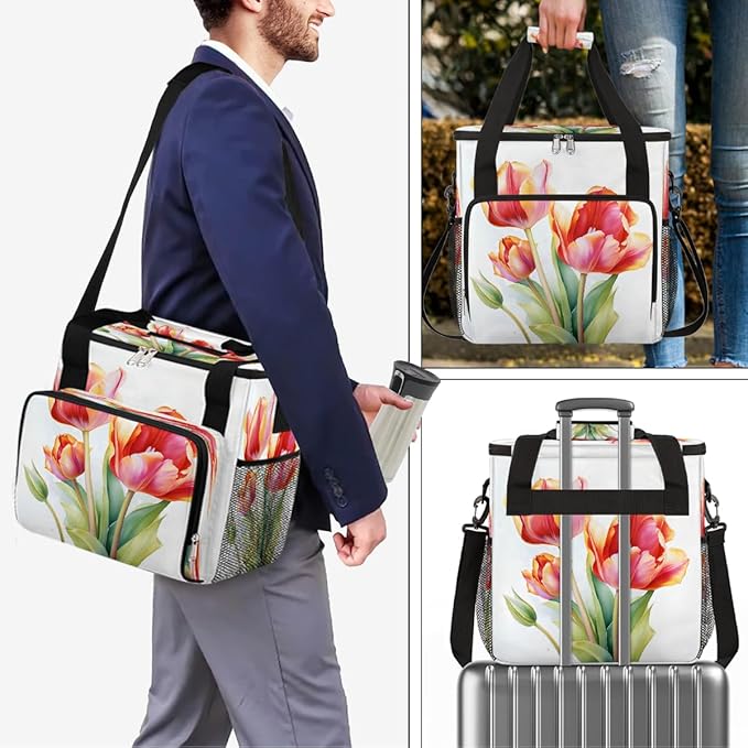 Tulips Painting Pattern Coffee Maker Carring Bag Travel Carrying Storage Tote Bag Compatible with Keurig K-Mini or K-Mini Plus Portable Single Serve Coffee Brewer Case with Pockets for K-cup Pods