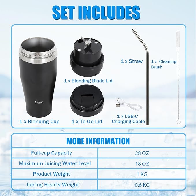 Ice Shave 2-in-1 Stainless Steel Vacuum Tumbler &amp Cordless Blender - 28oz Leak Resistant Cold 24Hrs/Ice 2 Days 120 Watts with Waterproof Charging - For Smoothies Home/Office/Car Black