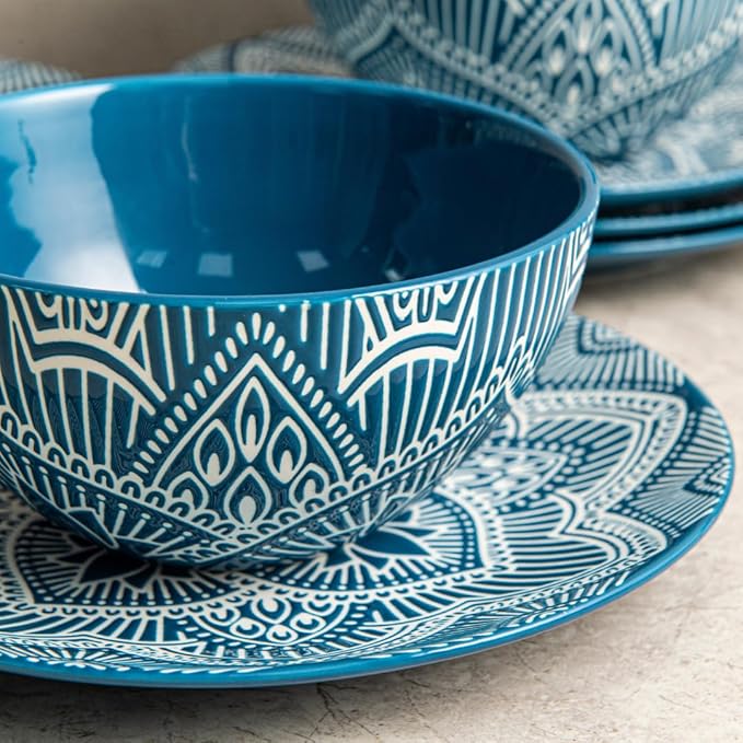 Bzyoo 12-Piece Ceramic Dinnerware Set: La La Mandala Blue Dish Set Design for Every Occasion - Microwave &amp Dishwasher Safe Stackable Plates Bowls