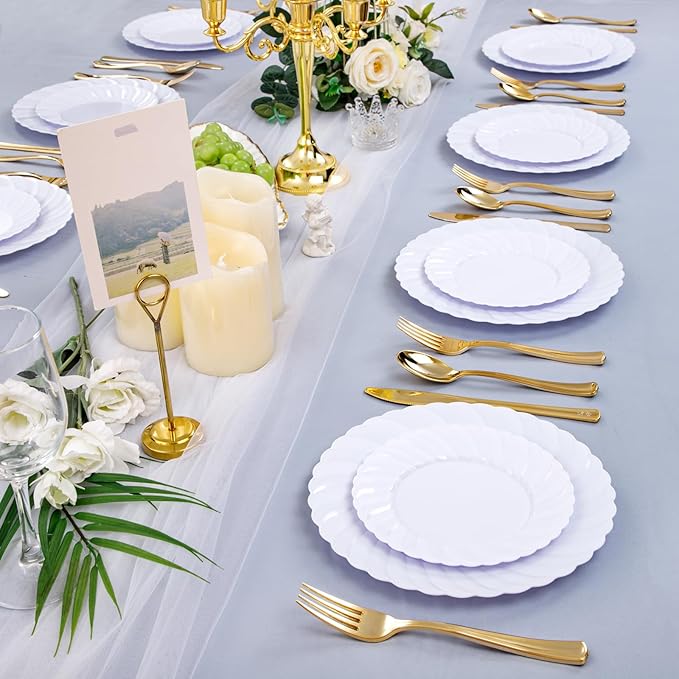 U-QE 100 Pieces White Plastic Plates - Premium White Disposable Plates for Wedding and Party Use Including 50PCS 9 '' Dinner Plate &amp 50PCS 6.5 '' Dessert Plate